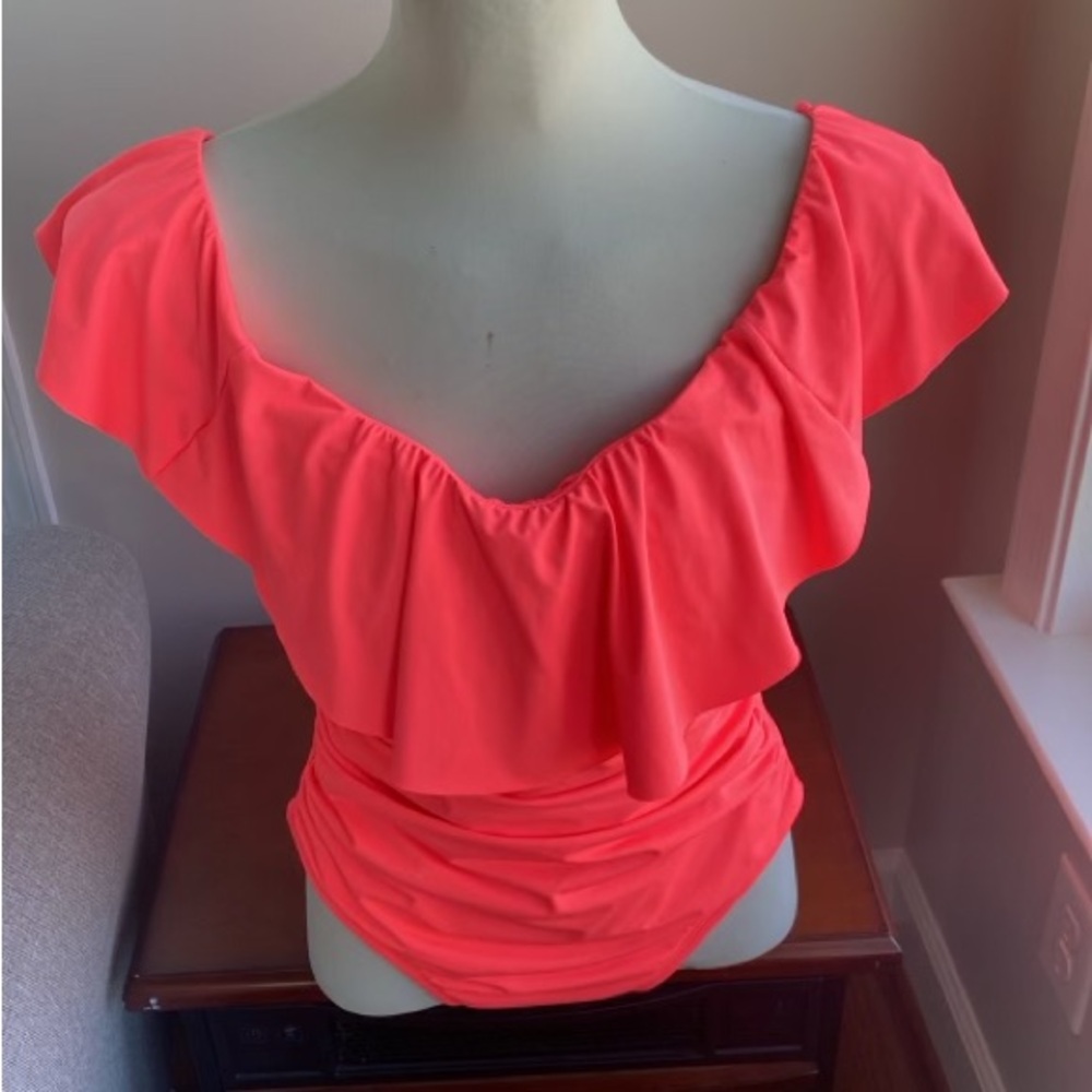 La  Blanca Island Goddess Off Shoulder Ruffle One Piece - Hot Coral size medium